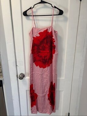 Pink Maxi Slip Dress with Red Floral Print size small